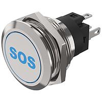 EAO 82-6151.1A24.B015 Anti-Vandal Illuminated pushbutton.momentary.22mm D-Shape.Stainless steel.Flush/flat.Illum symbol B015 SOS blue.24V.Ag.Plug In