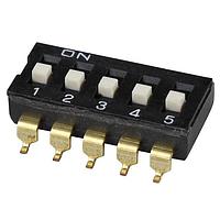 Same Sky (formerly CUI Devices) DS04-254-2-05BK-SMT-TR DIP Switches DIP Switch, SPST, 2.54 pitch, flat actuator, SMT, Tape and reel, 5 position, Black