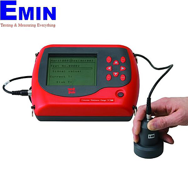 Technician checking a floor slab thickness measuring instrument for inspection service