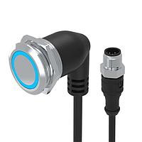 EAO 82-665G.2124 Anti-Vandal Illuminated pushbutton.maintained.22mm.stainless steel SUS 316L.flush/flat.ring illumination Tritan.blue 24VDC.Ag.Cable 200mm with M12 Connector.Cable outlet 90