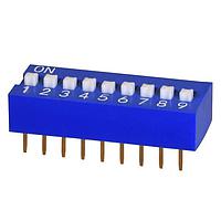 Same Sky (formerly CUI Devices) DS01-254-S-09BE DIP Switches DIP Switch, SPST, 2.54 pitch, raised actuator, flat bottom, Short pin, 9 position, Blue